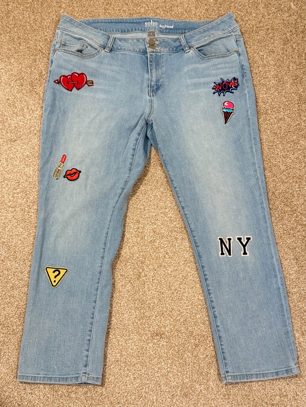 Soho Jeans New York 16 Boyfriend Patch Denim Jeans Lt Wash Embroidered Pop Art